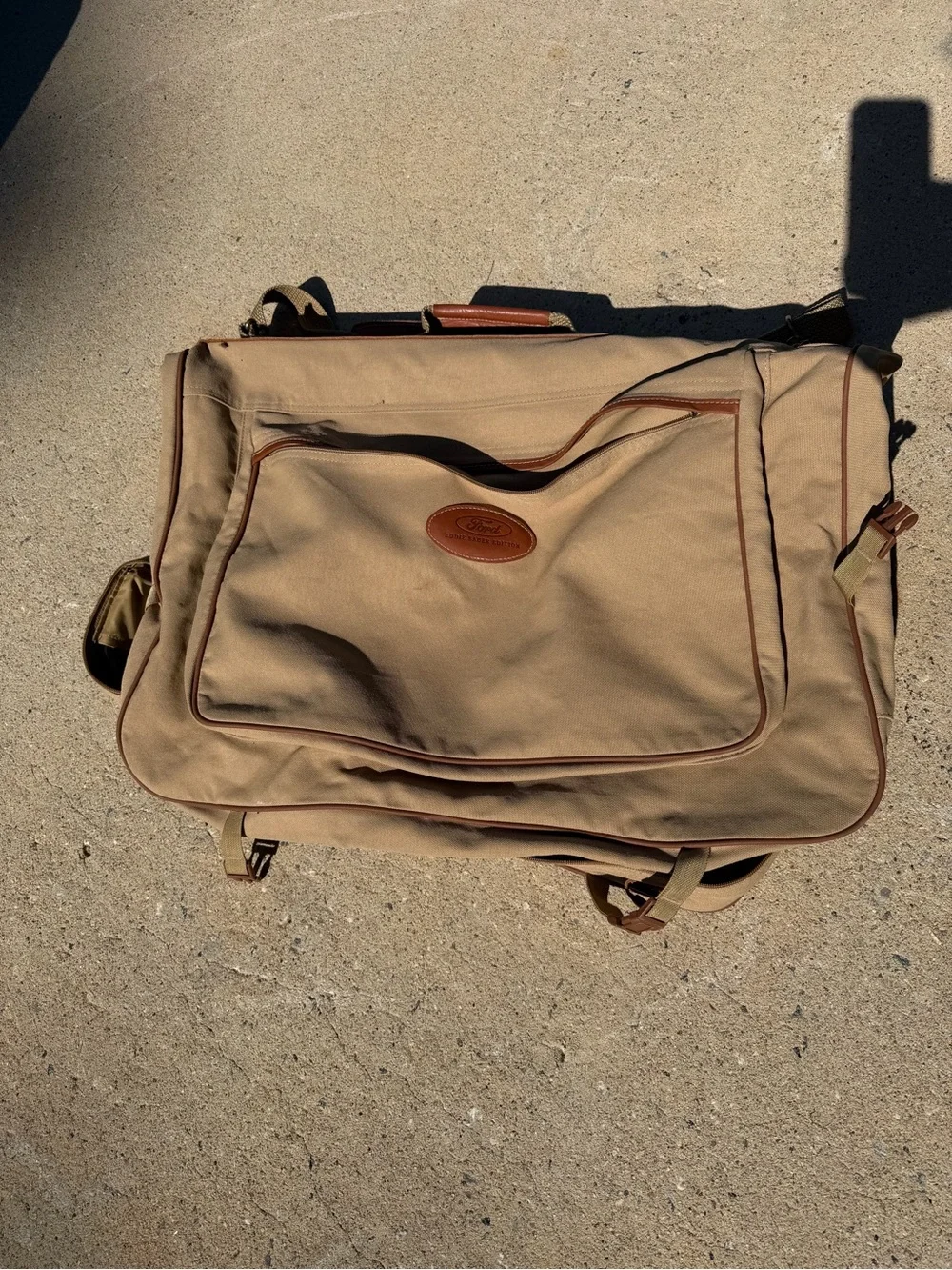 Eddie Bauer Edition Ford Khaki Canvas & Leather Garment Bag Luggage Travel Bag